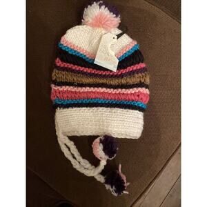 Girls Women's Knit Beanie Hat Warm One-Size White Pink Pom Pom NWT